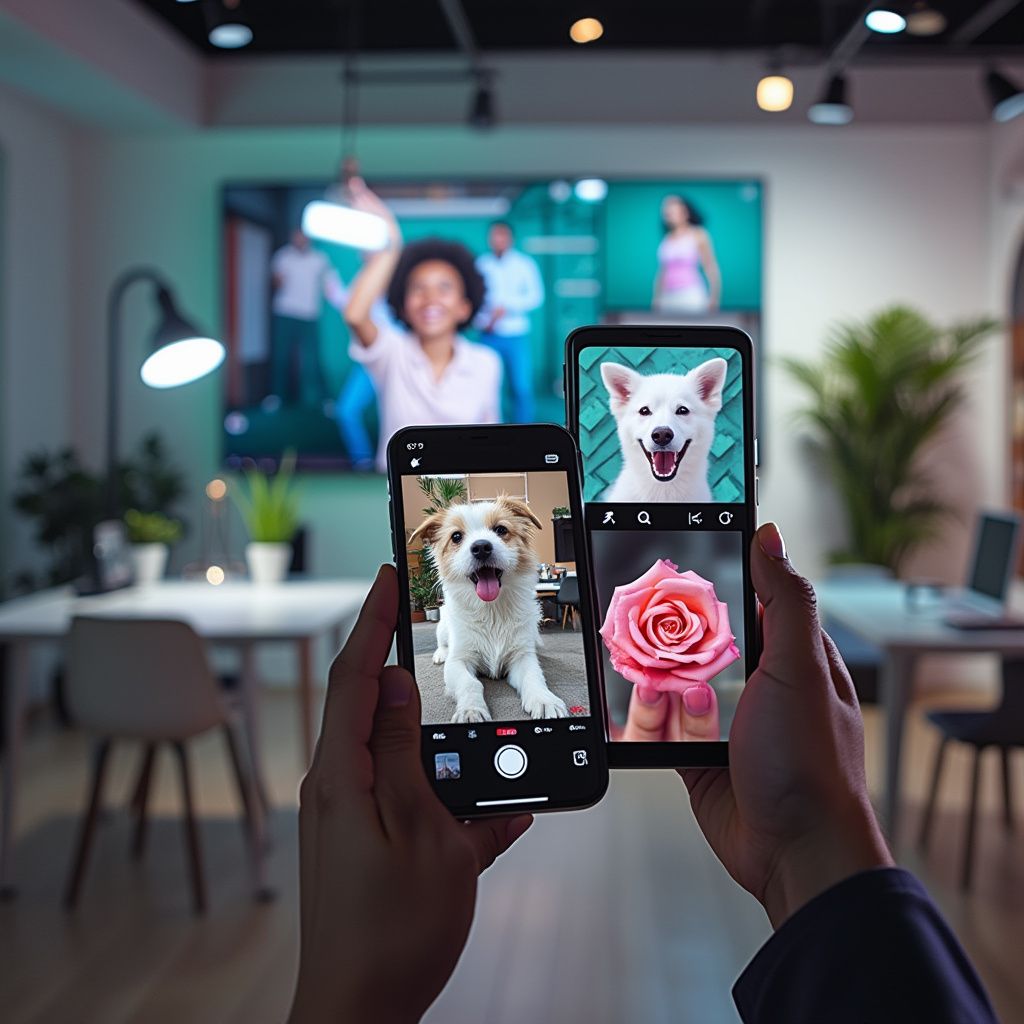 A dynamic montage of viral short-form videos playing on a digital screen, some videos displayed on phone screens in a clean, modern workspace.